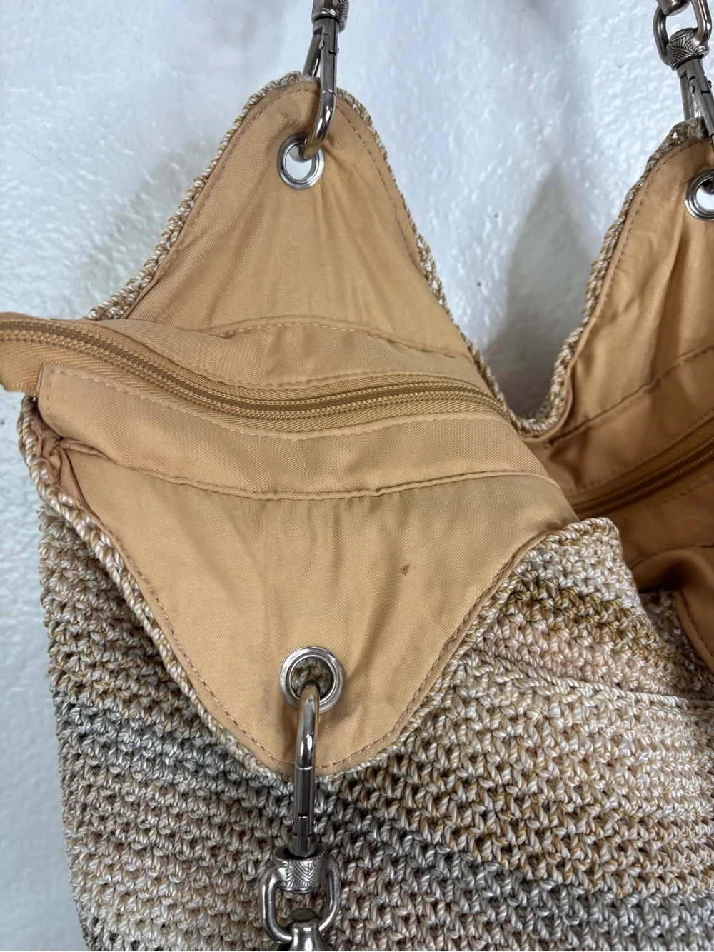 THE SAK Striped Crochet Leather Strap Hobo Purse Shoulder Bag Brown Cream